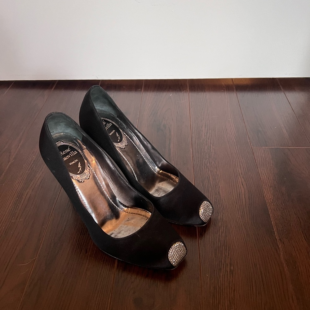 Rene Caovilla Black Satin Pumps with Crystal Toe
